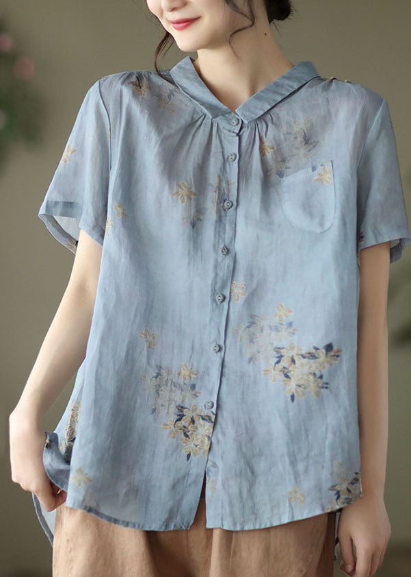Light Blue Print Linen Blouses Patchwork Pocket Short Sleeve