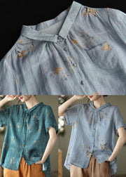 Light Blue Print Linen Blouses Patchwork Pocket Short Sleeve