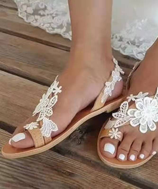 Light Brown Flat Sandals Lace Fabric Fine Peep Toe Walking Sandals