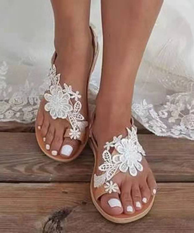 Light Brown Flat Sandals Lace Fabric Fine Peep Toe Walking Sandals