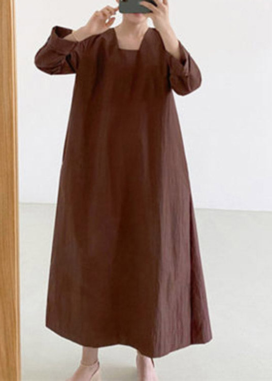 Light Brown Square Collar Linen Maxi Dress Long Sleeve