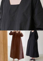 Light Brown Square Collar Linen Maxi Dress Long Sleeve