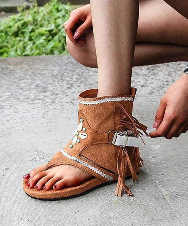 Light Brown Suede Tassel Nail Bead Comfy Splicing Walking Sandals