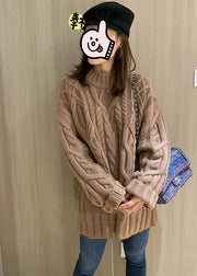 Light Camel Cable Knit Sweaters High Neck Oversized Winter