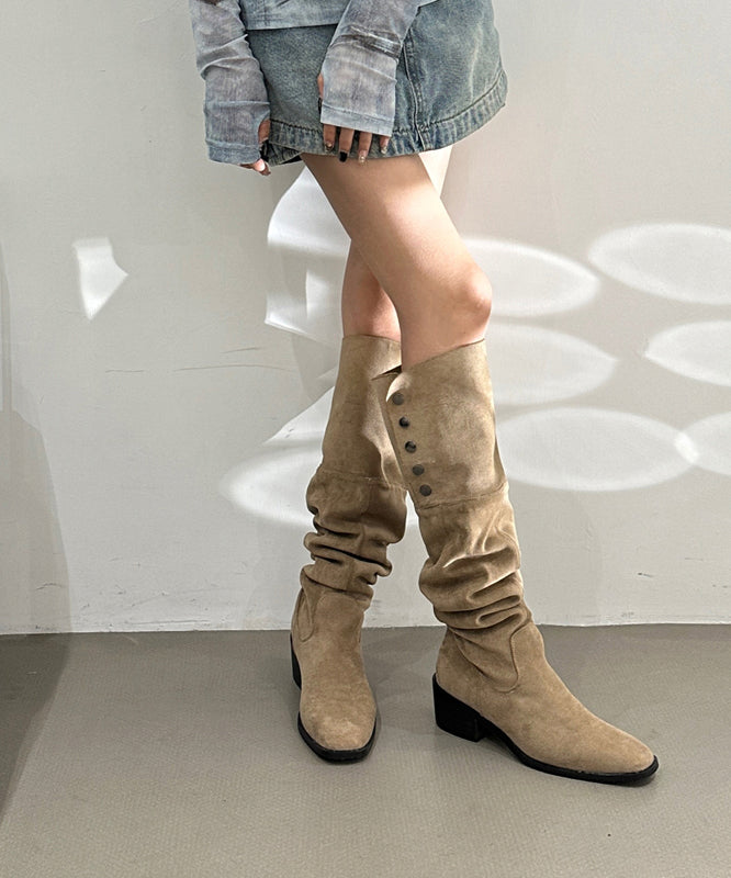 Light Camel Chunky Suede Stylish Splicing Rivet Boots
