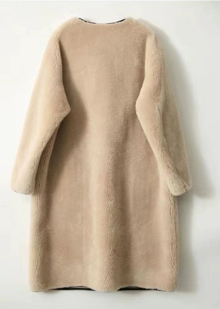 Light Camel Pockets Patchwork Wool Trench Button O Neck Winter
