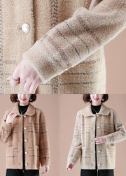 Light Camel Print Mink Hair Knitted Coats Square Collar Button Winter