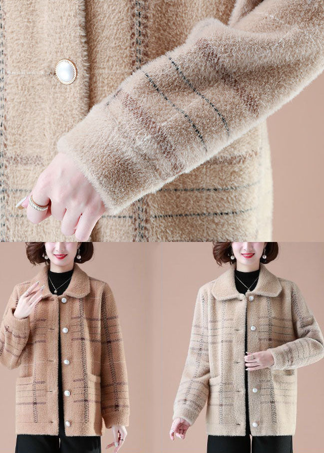 Light Camel Print Mink Hair Knitted Coats Square Collar Button Winter