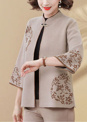 Light Camel Print Woolen Coats Stand Collar Bracelet Sleeve