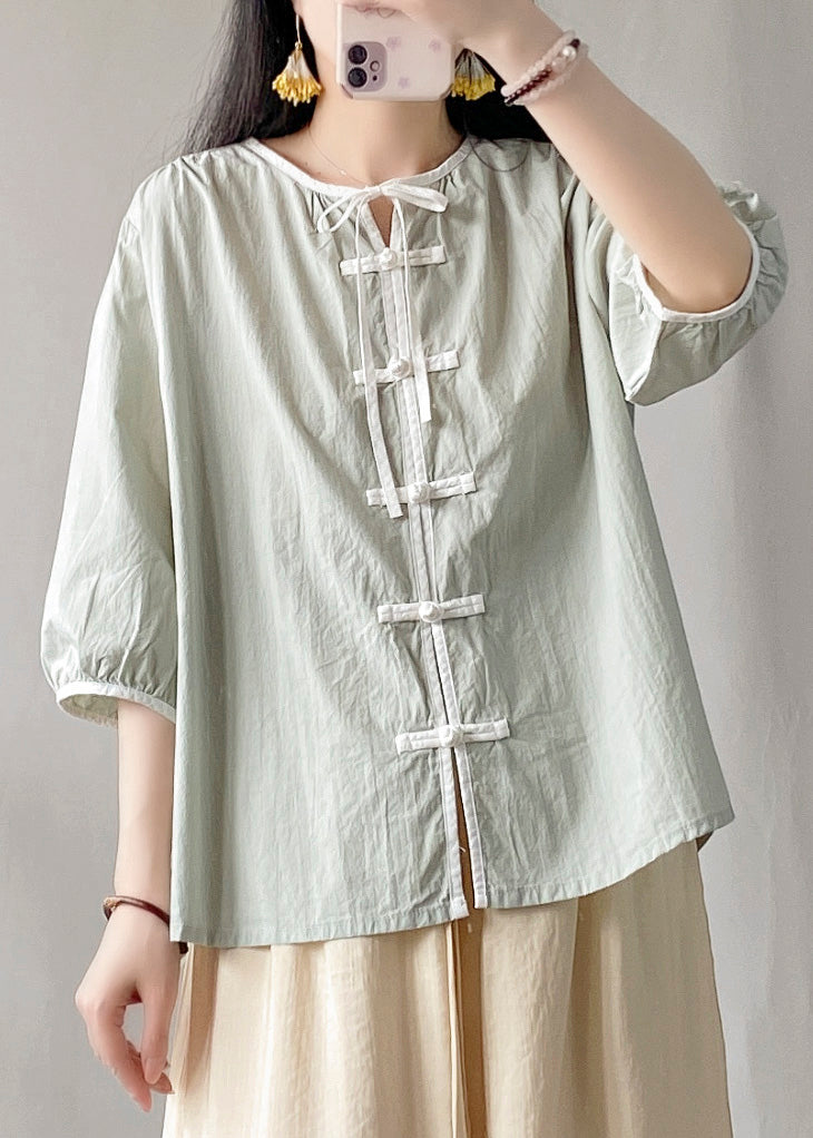 Light Green Cotton Shirt Tops Chinese Button Lace Up Bracelet Sleeve