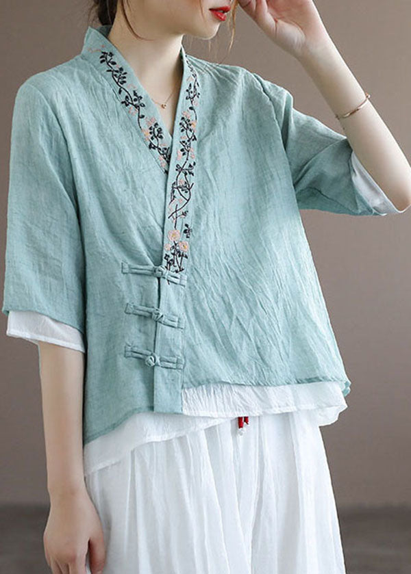Light Green Fake Two Piece Cotton Shirt Top Embroidered Half Sleeve
