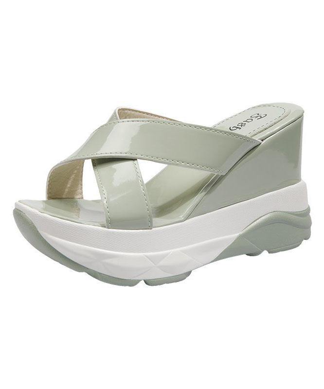 Light Green Faux Leather Wedge Thong Sandals - SooLinen