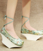 Light Green High Heels Platform Satin Fabric Embroidered Vintage Cross Strap High Heels