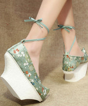 Light Green High Heels Platform Satin Fabric Embroidered Vintage Cross Strap High Heels
