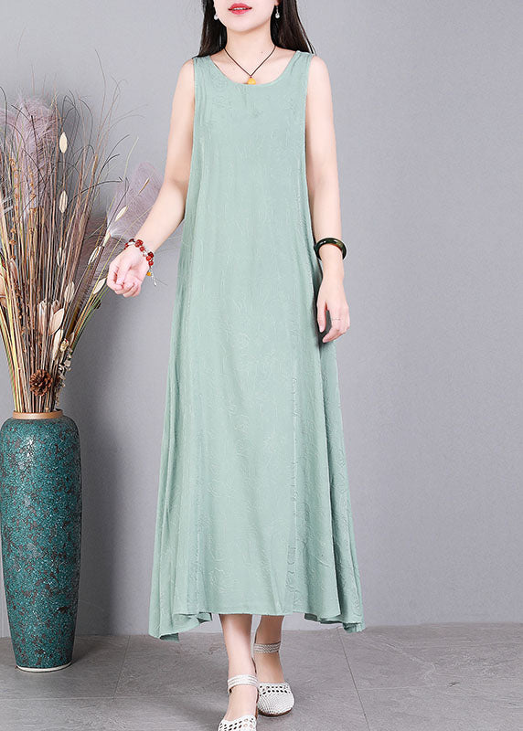 Light Green Jacquard Linen Vacation Strap Dress O-Neck Sleeveless