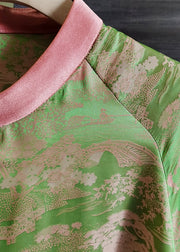 Light Green Jacquard Patchwork Silk Top Stand Collar Summer