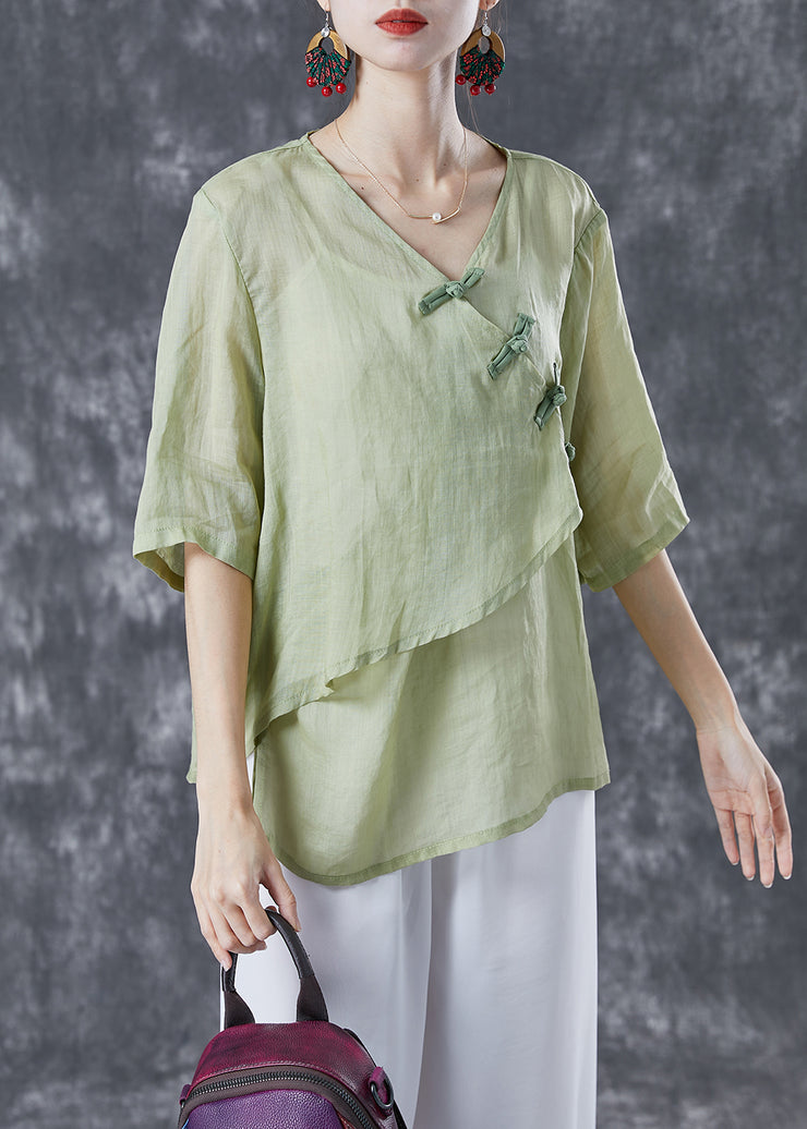 Light Green Linen Shirts Asymmetrical Chinese Button Summer