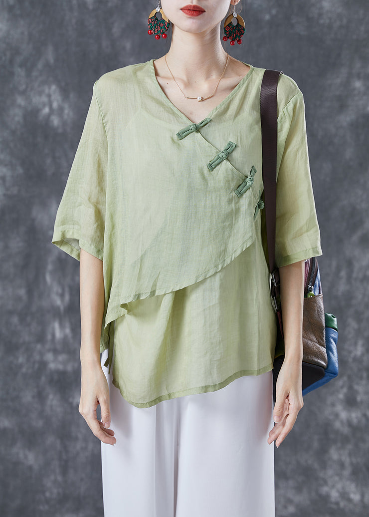 Light Green Linen Shirts Asymmetrical Chinese Button Summer