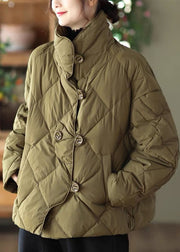 Light Green Loose Duck Down Jacket In Winter Stand Collar Button Winter