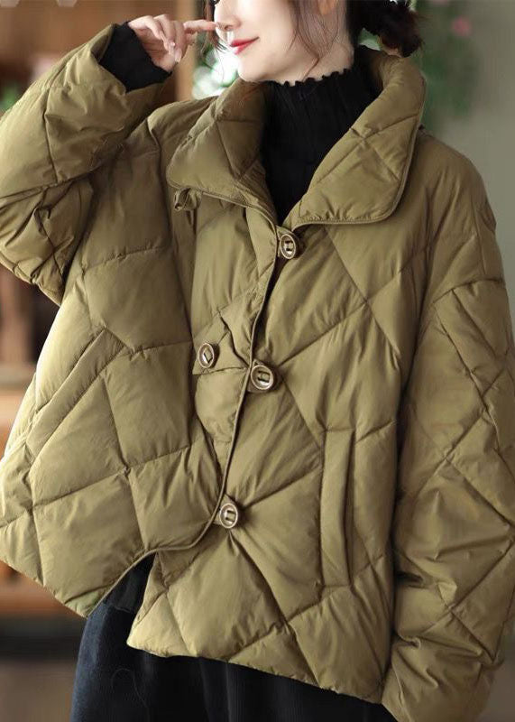 Light Green Loose Duck Down Jacket In Winter Stand Collar Button Winter