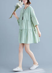 Light Green O-Neck Ruffles Summer Cotton Vacation Dresses - SooLinen