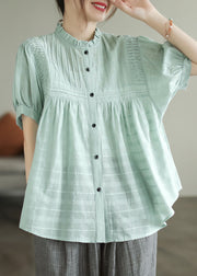 Light Green Patchwork Cotton Shirts Top Wrinkled Button Summer