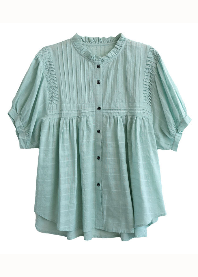 Light Green Patchwork Cotton Shirts Top Wrinkled Button Summer