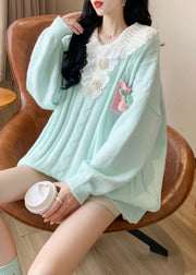 Light Green Patchwork Floral Cotton Knit Sweater Long Sleeve