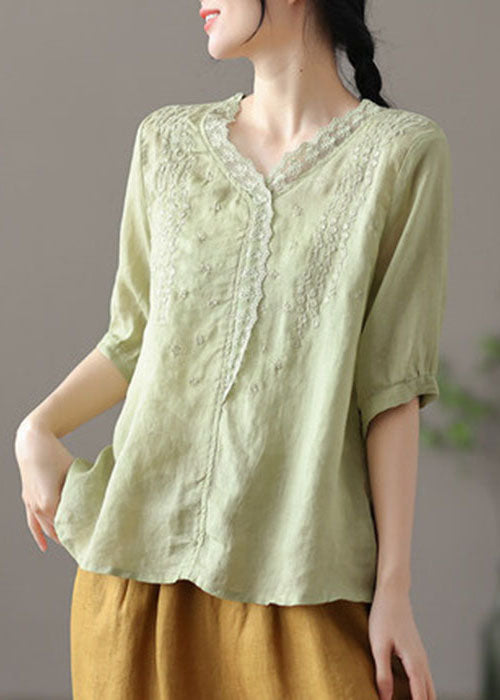 Light Green Patchwork Lace Linen Shirts V Neck Half Sleeve