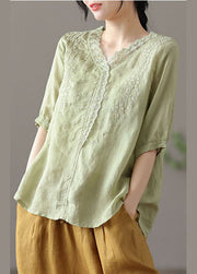 Light Green Patchwork Lace Linen Shirts V Neck Half Sleeve