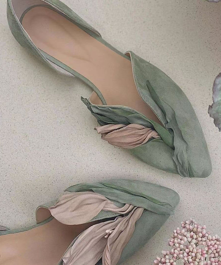 Light Green Suede Flat Shoes Comfortable Splicing Pointed Toe