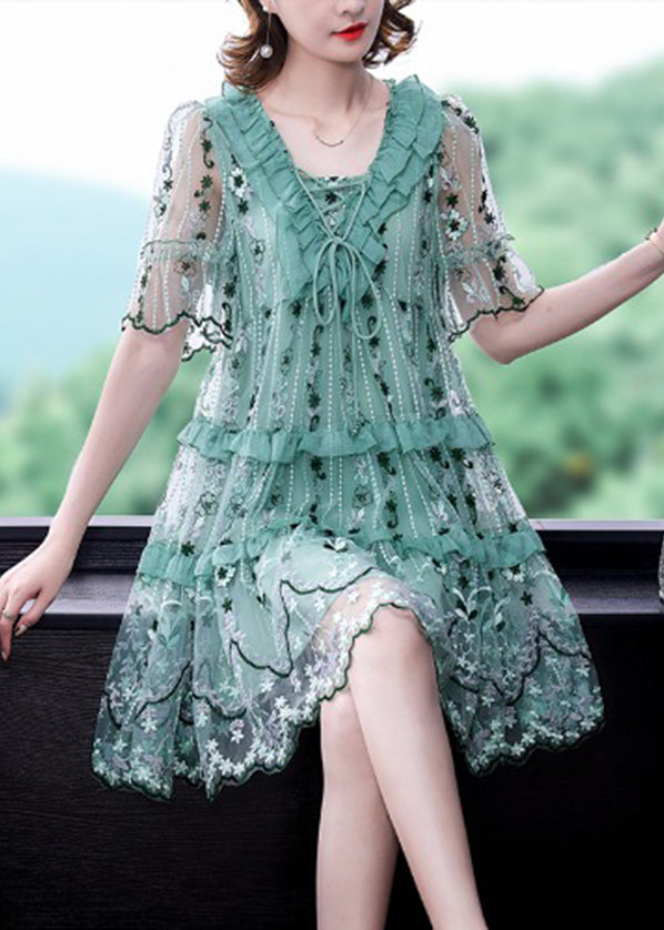 Light Green Tulle Vacation Dress Hollow Out Embroidered Short Sleeve