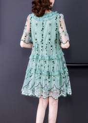 Light Green Tulle Vacation Dress Hollow Out Embroidered Short Sleeve