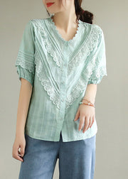 Light Green V Neck Lace Patchwork Ruffled Cotton Shirt Short Sleeve