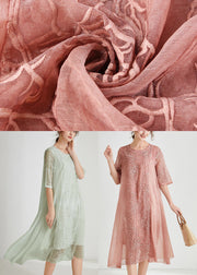 Hellgrünes, asymmetrisches Design, Chiffon-Kleid, bestickte halbe Ärmel