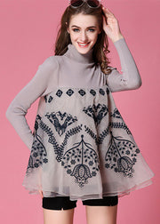 Light Grey Patchwork Knit Top Embroidered Organza Spring