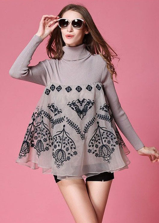 Light Grey Patchwork Knit Top Embroidered Organza Spring