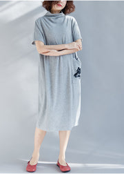 Light Grey Pockets Cotton Vacation Dresses Embroidered Short Sleeve