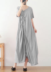 Light Grey Striped Cotton Long Dresses Cinched Short Sleeve