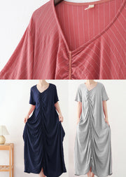 Light Grey Striped Cotton Long Dresses Cinched Short Sleeve