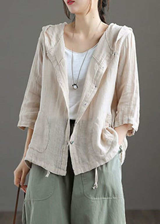 Light Khaki Pockets Patchwork Linen Hooded Coat Button Summer