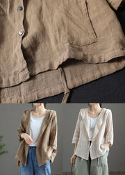 Light Khaki Pockets Patchwork Linen Hooded Coat Button Summer