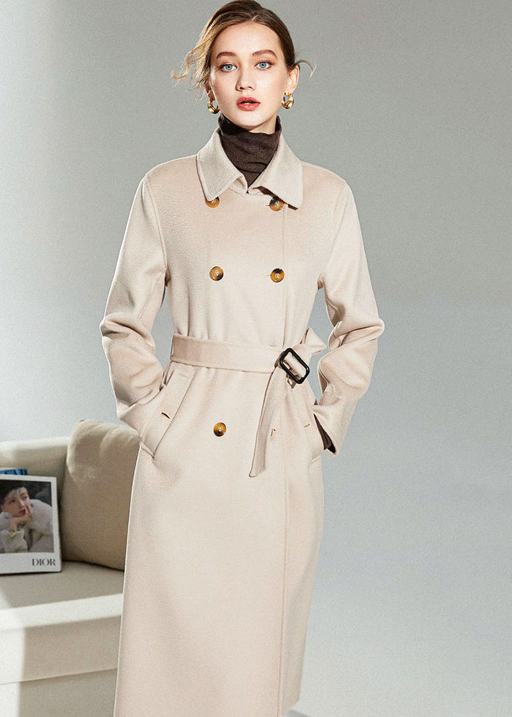 Light Pink Woolen Double Breasted Trench  Sashes Winter