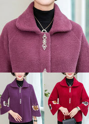 Light Purple Mink Hair Knitted Jackets Square Collar Embroidered Winter