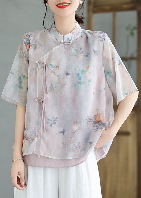 Light Purple Patchwork Cotton Blouses Tasseled Chinese Button Summer