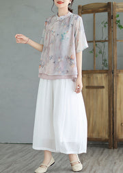 Light Purple Patchwork Cotton Blouses Tasseled Chinese Button Summer