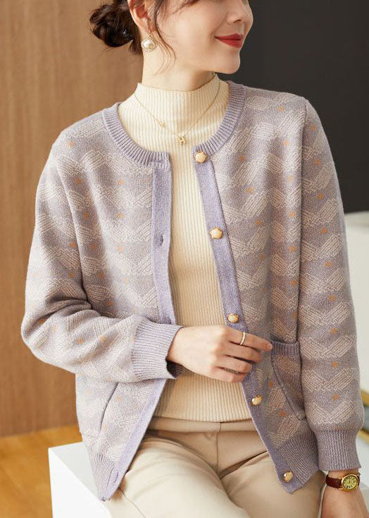 Light Purple Print Woolen Loose Coat Outwear Pearl Button Fall