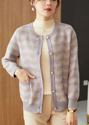Light Purple Print Woolen Loose Coat Outwear Pearl Button Fall