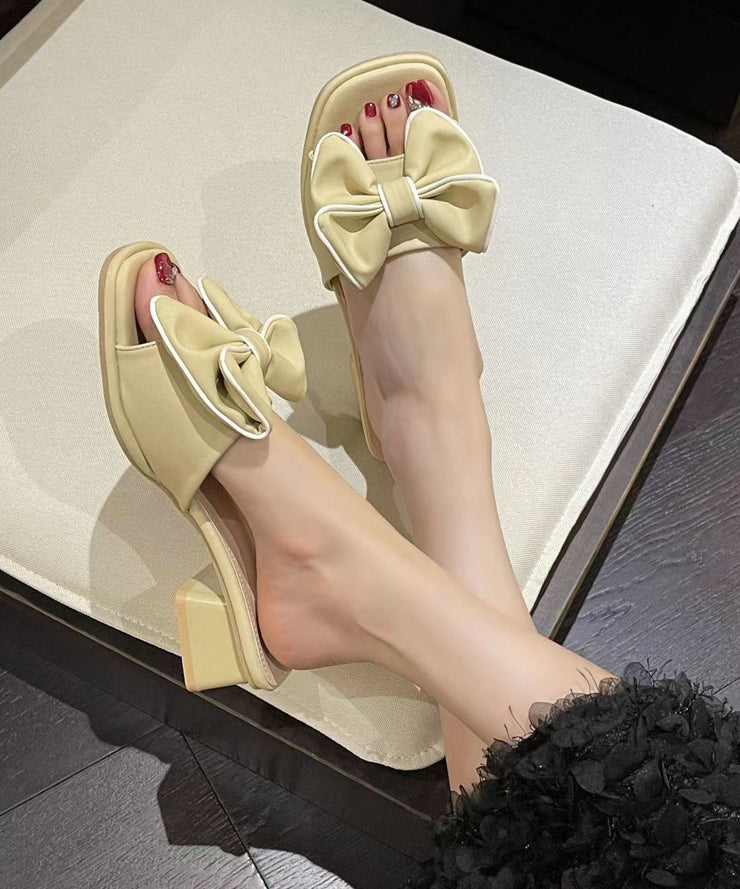 Light Yellow Chunky Faux Leather Chic Splicing Bow Slide Sandals
