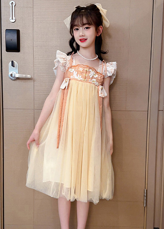 Light Yellow Square Collar Patchwork Tulle Girls Long Dresses Summer